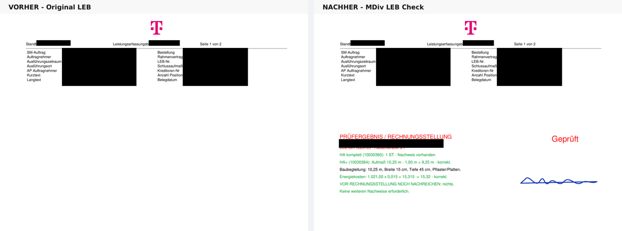 Vorher-Nachher Vergleich eines anonymisierten LEB mit überwiegend grünen Prüfergebnissen
