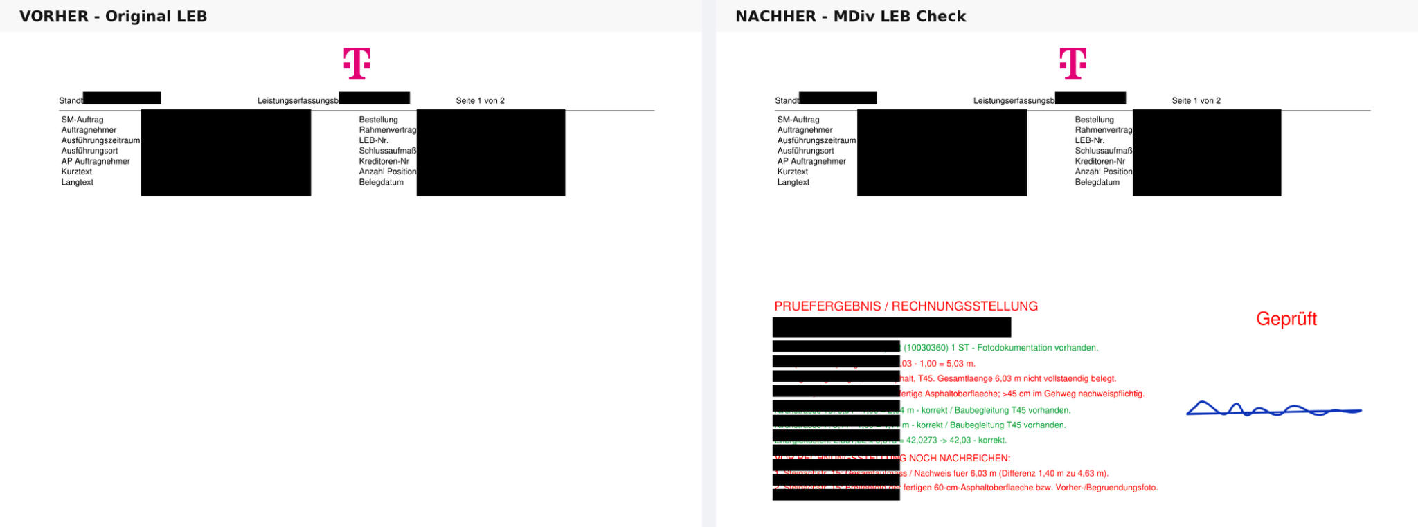 Vorher-Nachher Vergleich eines anonymisierten LEB mit grünen und roten Prüfergebnissen